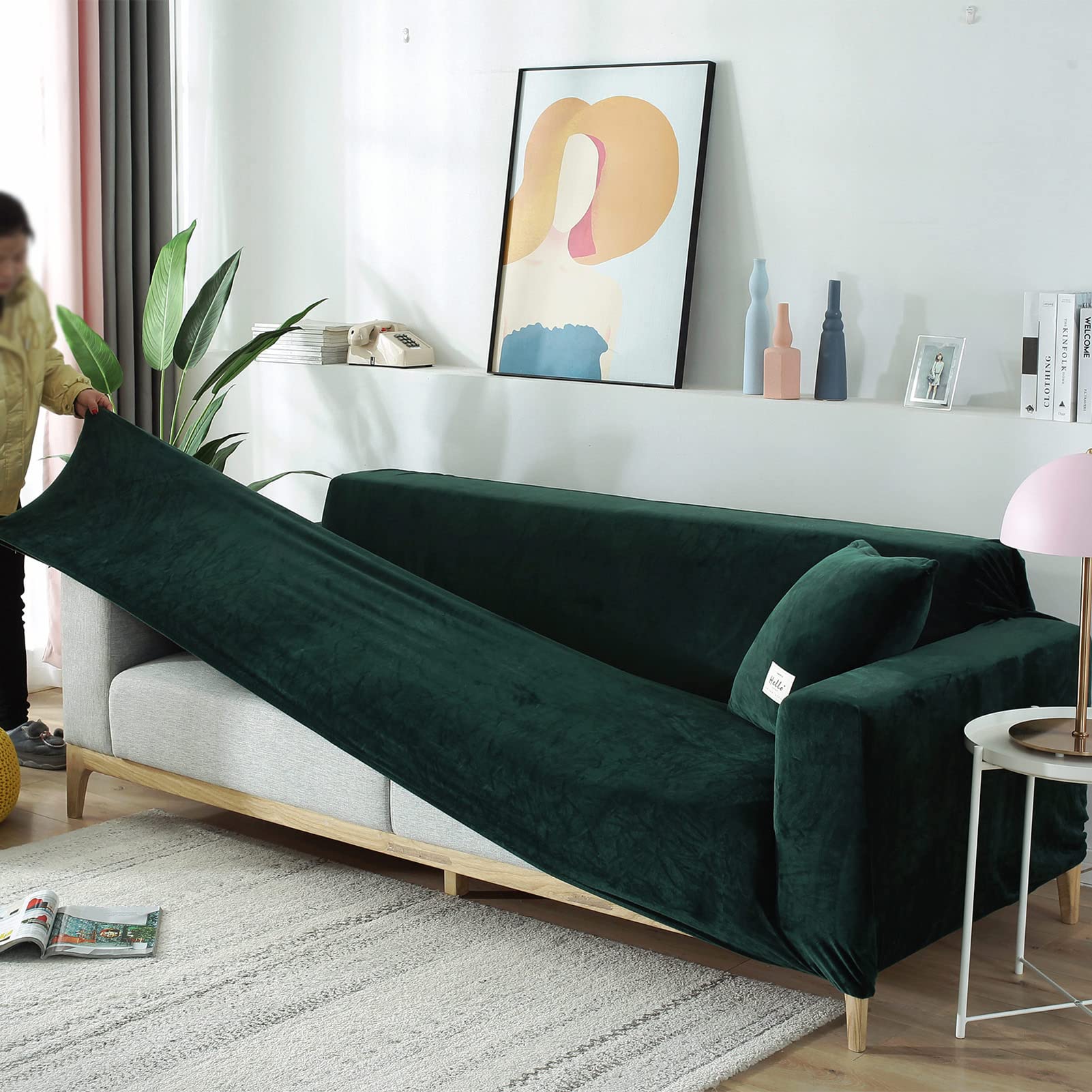 Thick Plush Stretch Sofa Cover for 1-4 Cushion Couches - Non-Slip Pet-Friendly L-Shaped Couch Protector - Dark Green 2-Seater (145-185cm) - Perfect for Living Room, Family Room & Pet Owners