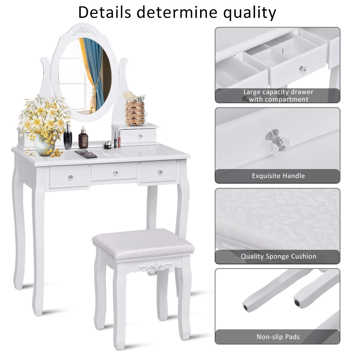 Giantex White Vanity Set with Oval Mirror & Cushioned Stool - 5-Drawer Makeup Dressing Table with Large Storage, Mirrored Bedroom Vanity for Women, Girls & Kids - Easy Assembly for Home, Bedroom & Beauty Room Decor