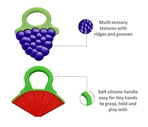 Kritiu Fruits Teether & Spoons Combo - BPA-Free Silicone Baby Feeding Set | Soft & Safe Infant Utensils for 6+ Months | Blue-Grapes & Pink | Perfect for First Foods, Baby-Led Weaning & Teething Relief