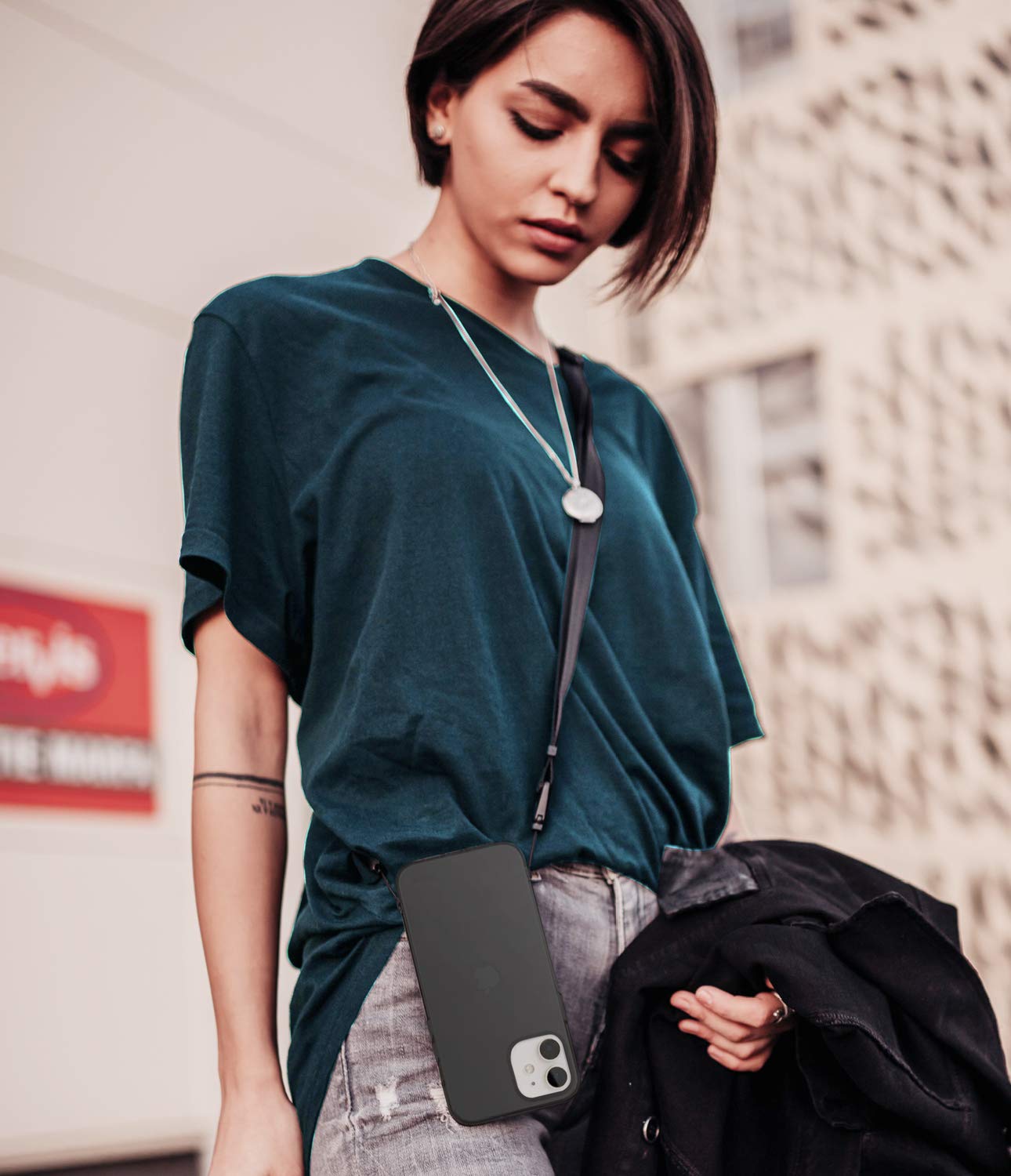 Ringke Air Shoulder Strap Compatible with iPhone 12 Mini Case - Clear TPU Silicone Phone Back Cover with Crossbody Necklace Lanyard for 5.4-inch (2020) - Smoke Black | Perfect for Travel, Shopping & Hands-Free Convenience