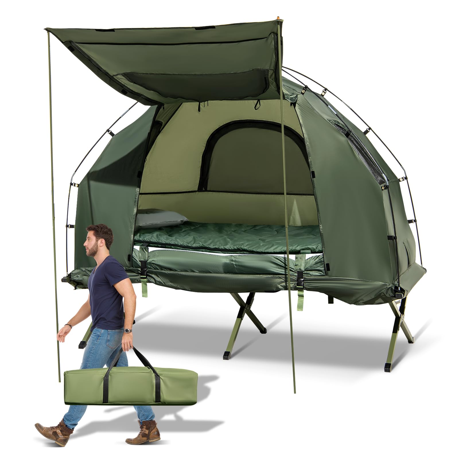 GYMAX 5-in-1 Tent Cot with Mattress & Pillows - Portable Folding Camping Bed with Sunshade, Sleeping Bags & Carrying Bag - Perfect for Outdoor Adventures, Hiking, Fishing, Picnics & Backyard Camping