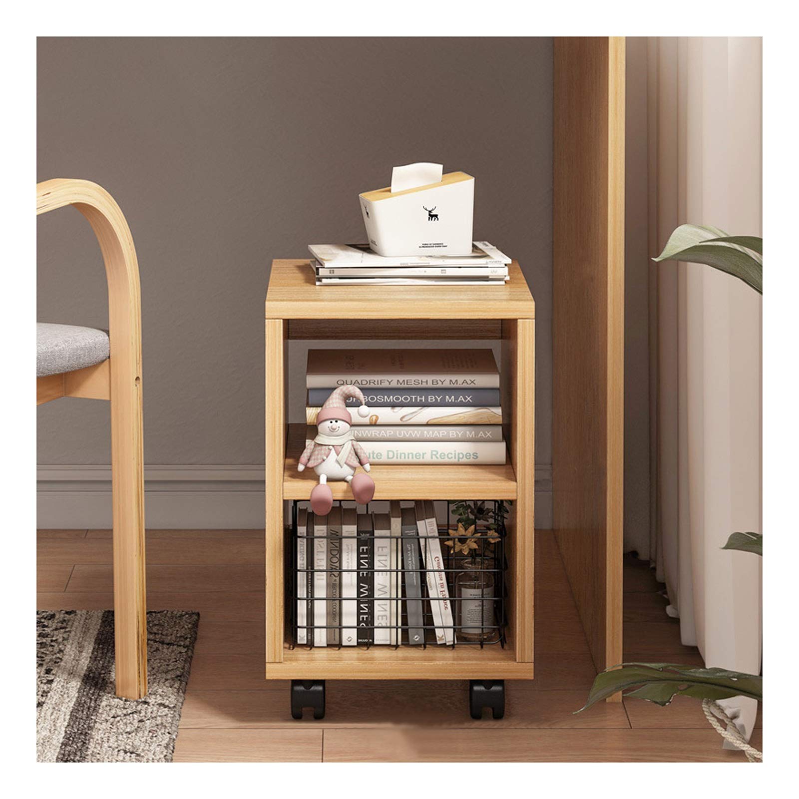 Wooden Rolling Book Cart with Wheels - 2-Tier Open Shelf Storage Organizer for Home & Office - Natural Color Bookcase for Books, Magazines & Office Supplies - Perfect for Living Room, Study or Classroom Organization
