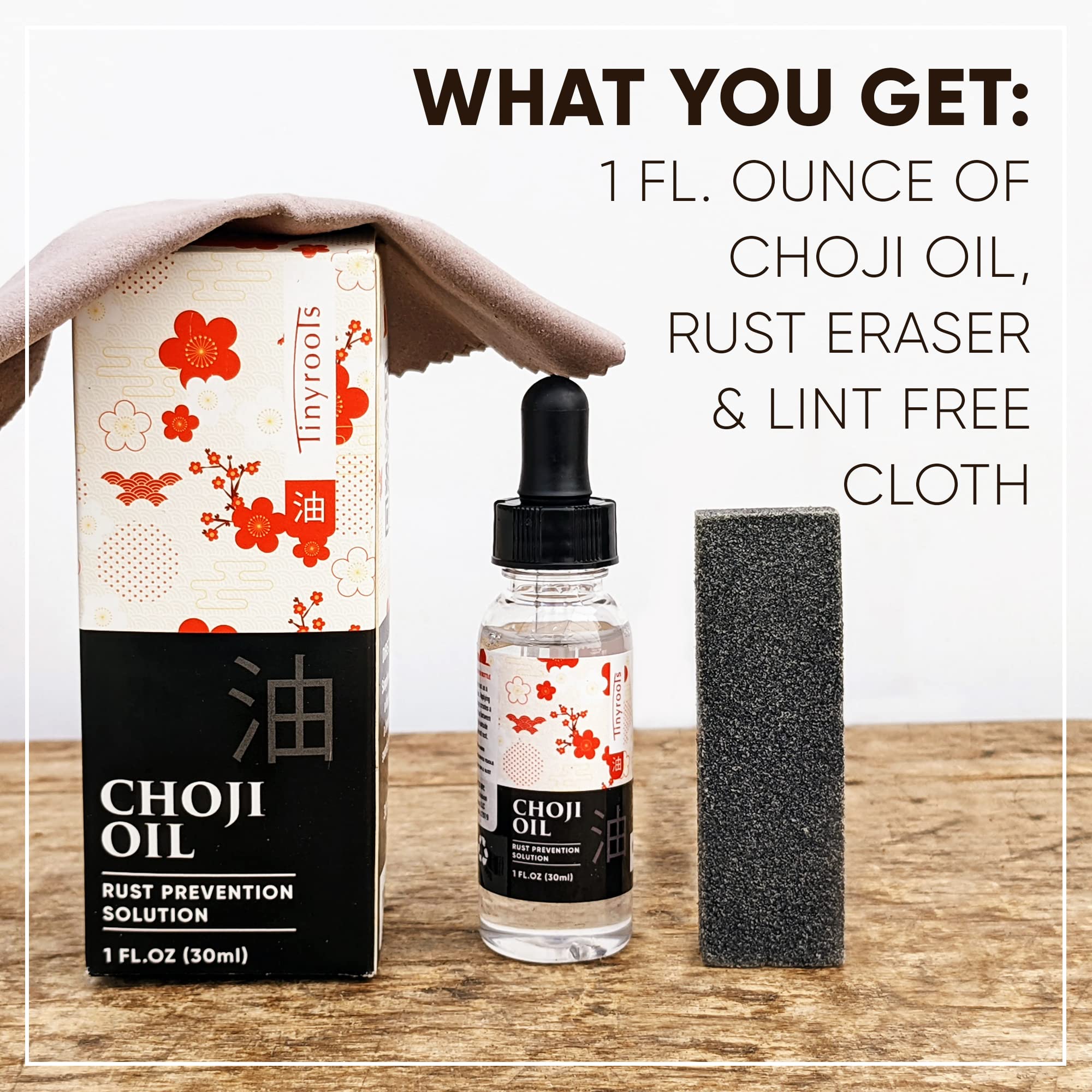 Tinyroots Choji Oil Tool Cleaning Kit - Restores & Protects Swords, Knives, Bonsai Tools - Includes Rust Eraser & Lint-Free Cloth - Perfect for Blade Maintenance, Garden Tool Care & Japanese Sword Preservation