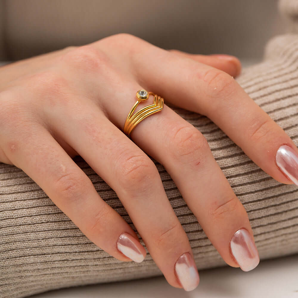 18K Gold Bezel Chevron Ring Stackable - Elegant Dainty Stacking Ring for Women | Perfect for Layering, Everyday Wear & Special Occasions | JDR006