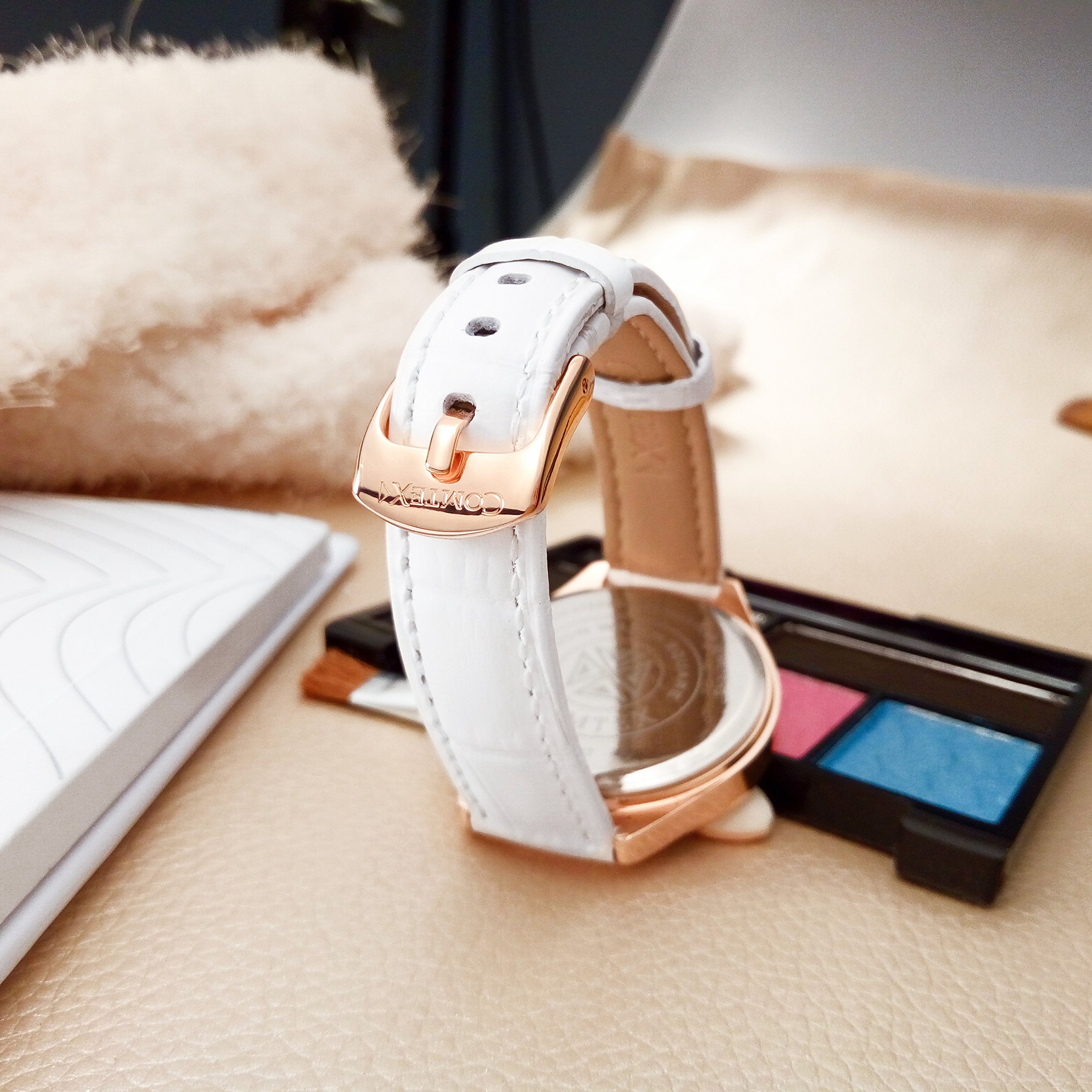 COMTEX Women's Watches with Large White Dial, Rose Gold Tone, White Leather Strap - Elegant Fashion Watch for Ladies, Perfect for Office, Party & Everyday Wear