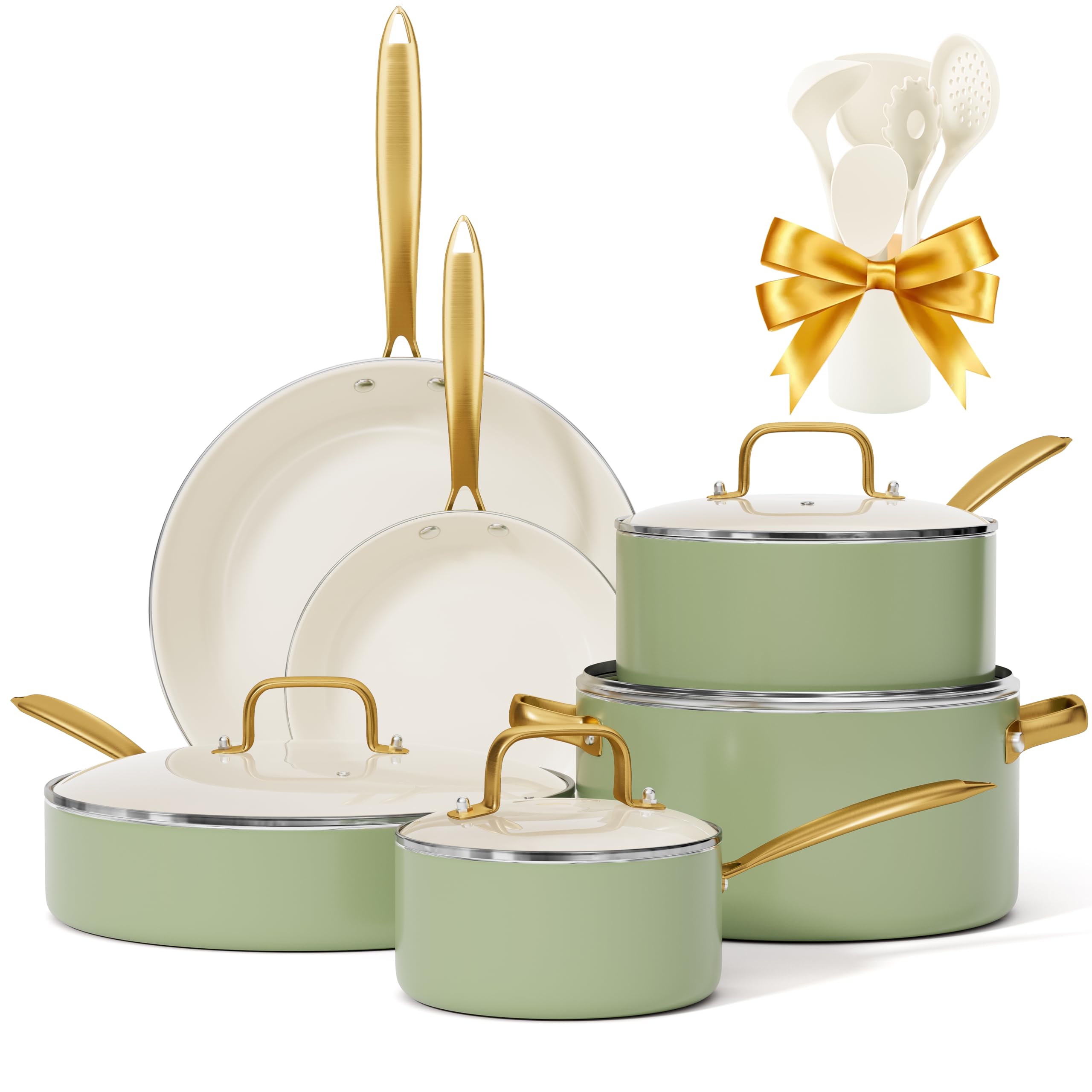VONIKI 10-Piece Non-Toxic Ceramic Cookware Set with Pots, Pans & Utensils - Nonstick Dutch Oven, Saucepan, Sauté Pan & Frying Pan for Healthy Cooking | Perfect Kitchen Gift Set for Home Chefs & Cooking Enthusiasts