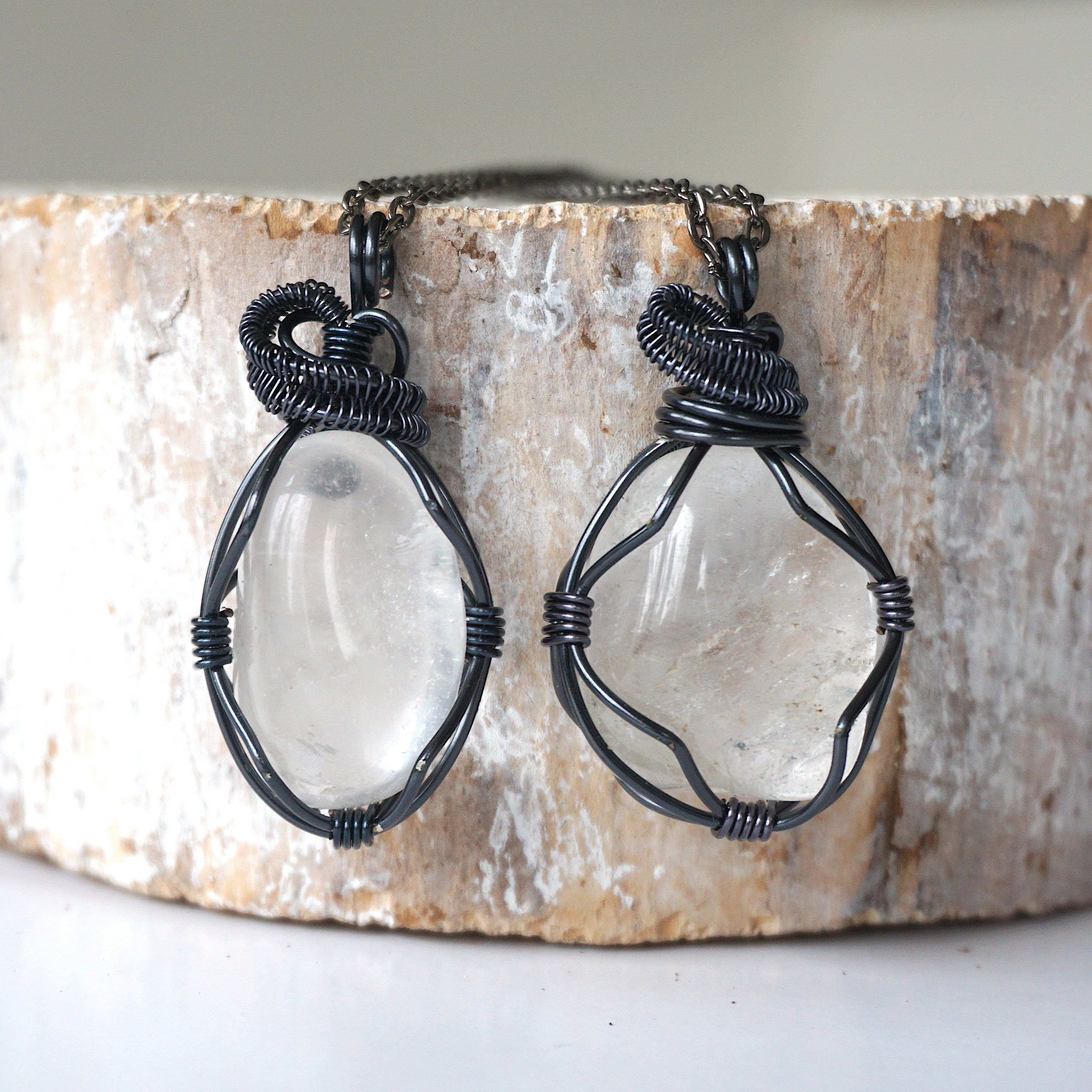 Men's Clear Quartz Pendant Necklace with Gunmetal Wire Wrap - Spiritual Healing Jewelry for Meditation, Energy Cleansing & Everyday Wear