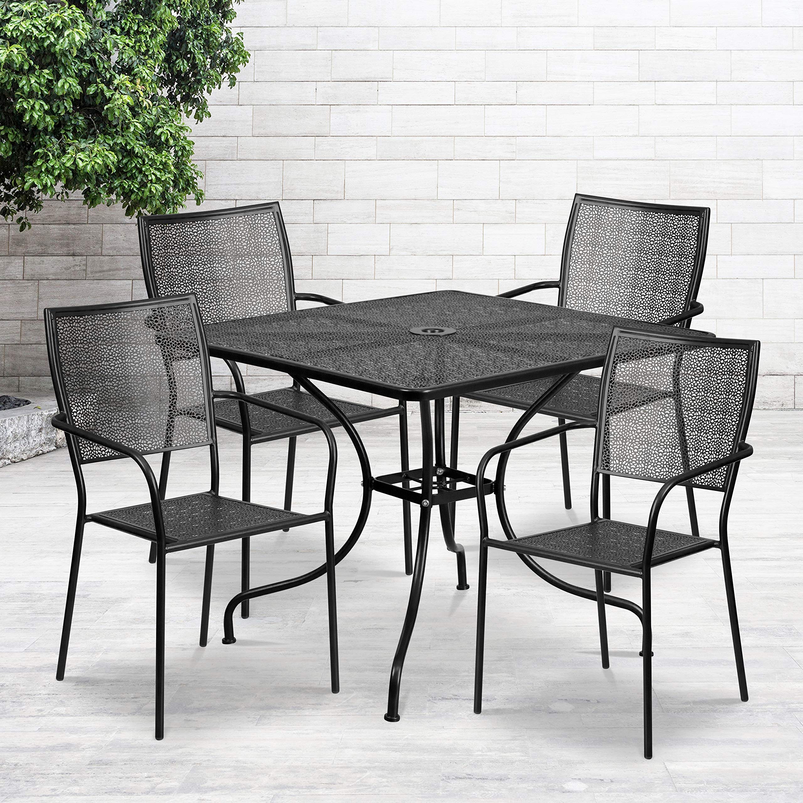 EMMA + OLIVER 35.5 Inch Square Black Outdoor Patio Dining Table Set with 4 Chairs - Heavy Duty Commercial Grade Metal Furniture for Restaurant, Cafe, Garden & Backyard