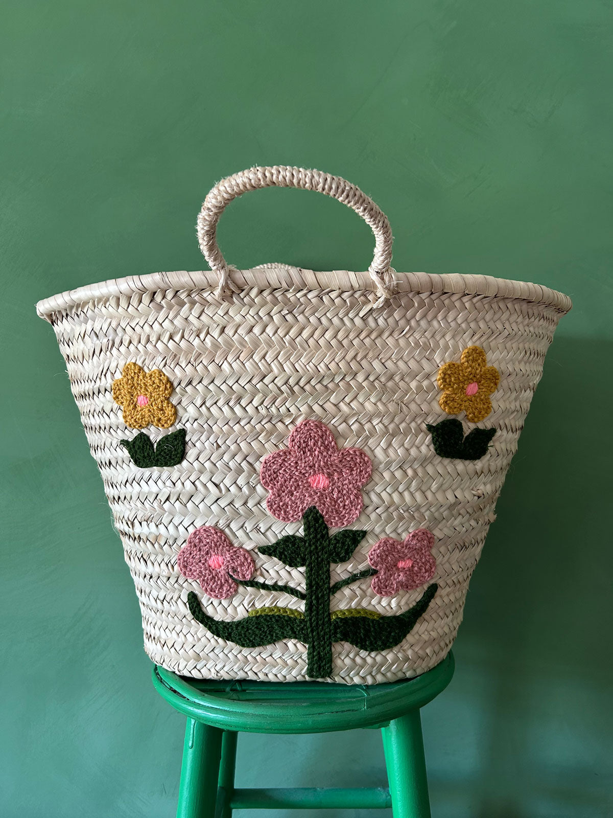 Hand Embroidered Cotton Market Basket with Floral Design - Perfect for Farmers Market, Picnics and Home Decor Storage
