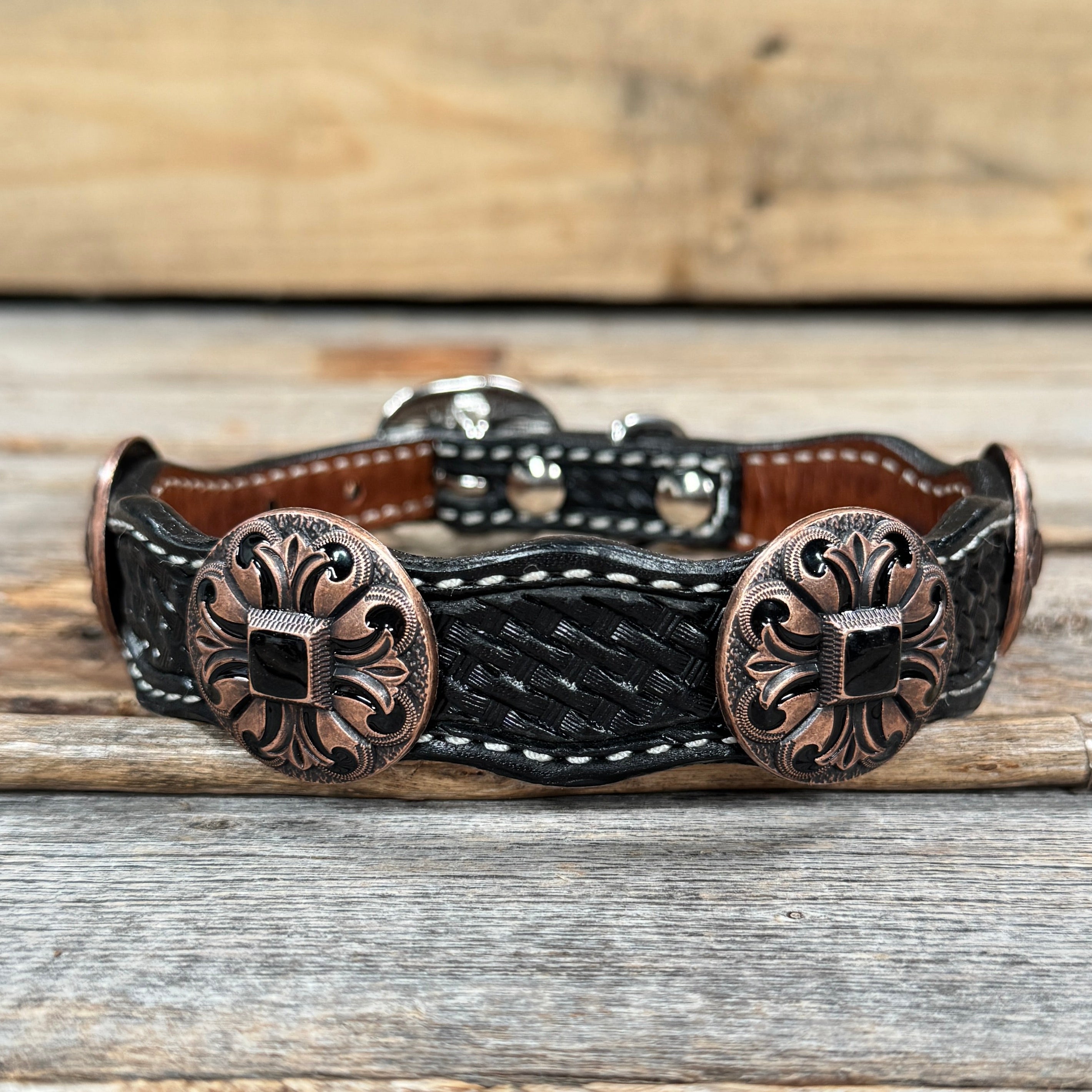 Premium Genuine Leather Dog Collar with Black Fleur De Lis Conchos - Adjustable Size 12