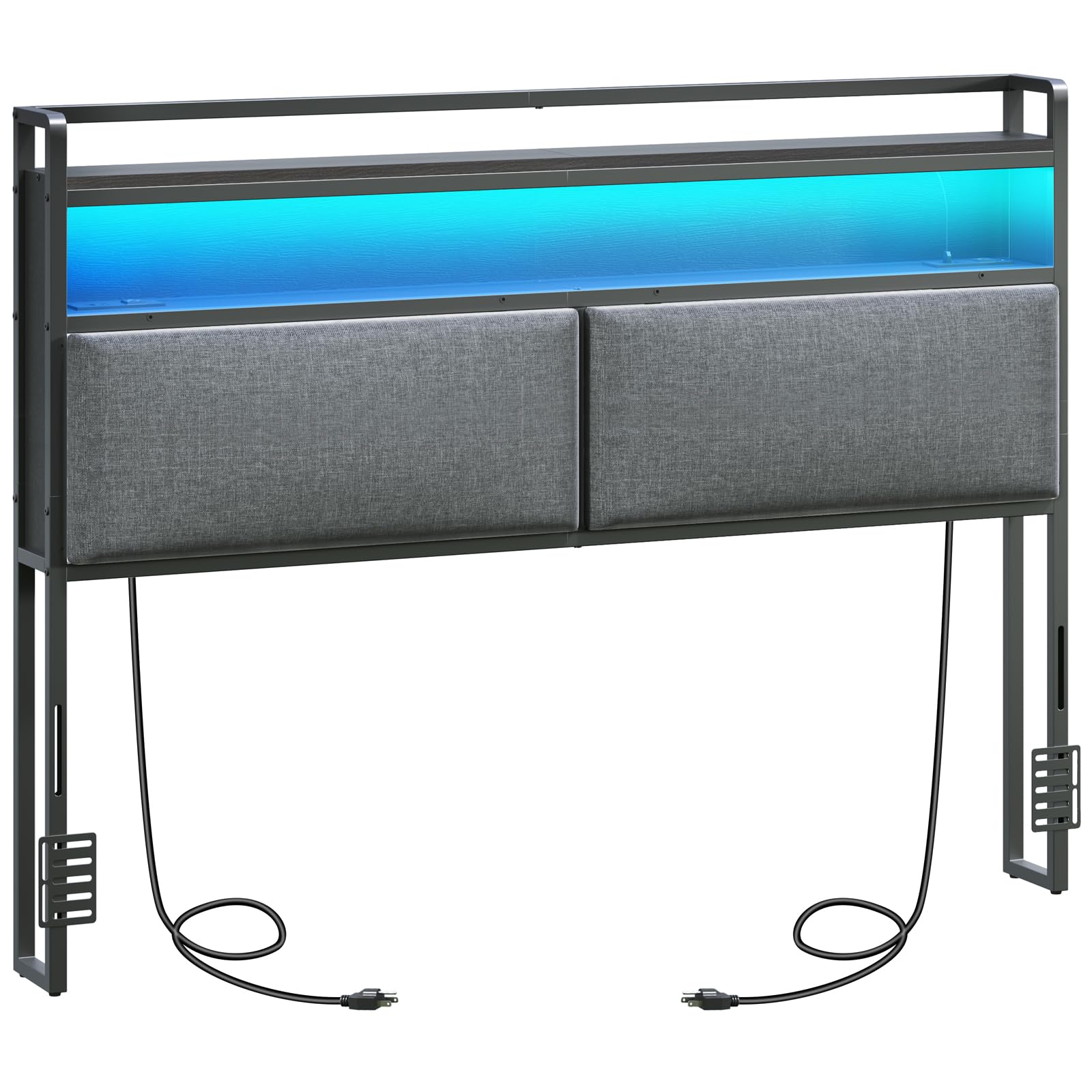 Queen Size Upholstered Headboard with Charging Station - 2 AC Outlets, 4 USB Ports (2 Type-C), LED Light & 2-Tier Open Shelves | Bed Frame Adapters Included | Modern Black & Gray Fabric | Perfect for Bedroom, Guest Room & Apartment Decor
