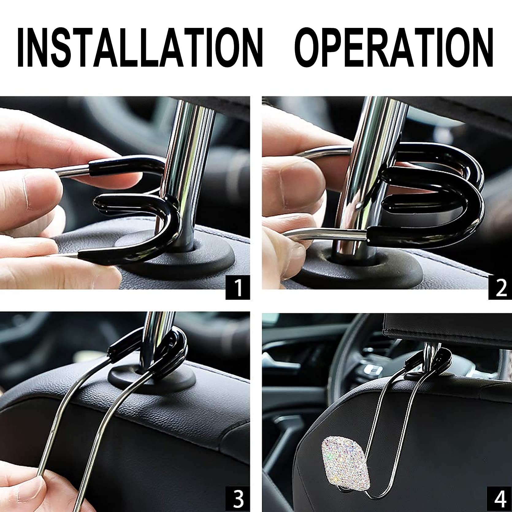 Universal Bling Car Seat Back Hook - Stainless Steel Rhinestone Headrest Hook for Purse, Handbag, Grocery Bag & Umbrellas - 2PCS (AB) - Perfect for Car Organization & Stylish Storage Accessories