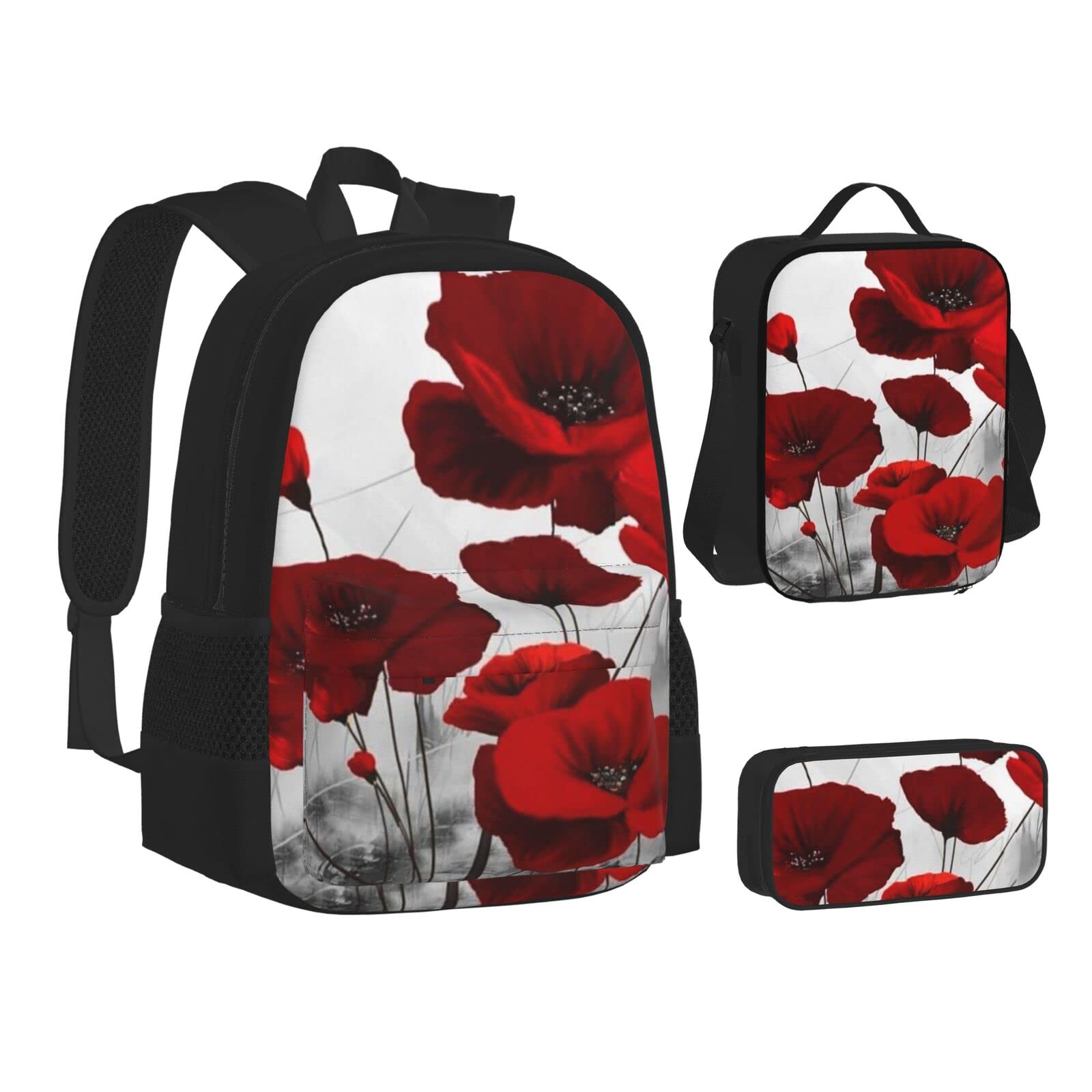 Red Poppy Flower Printed School Backpack with Lunch Box & Pencil Case Set - Perfect for School, Camping, Travel & Outdoor Activities