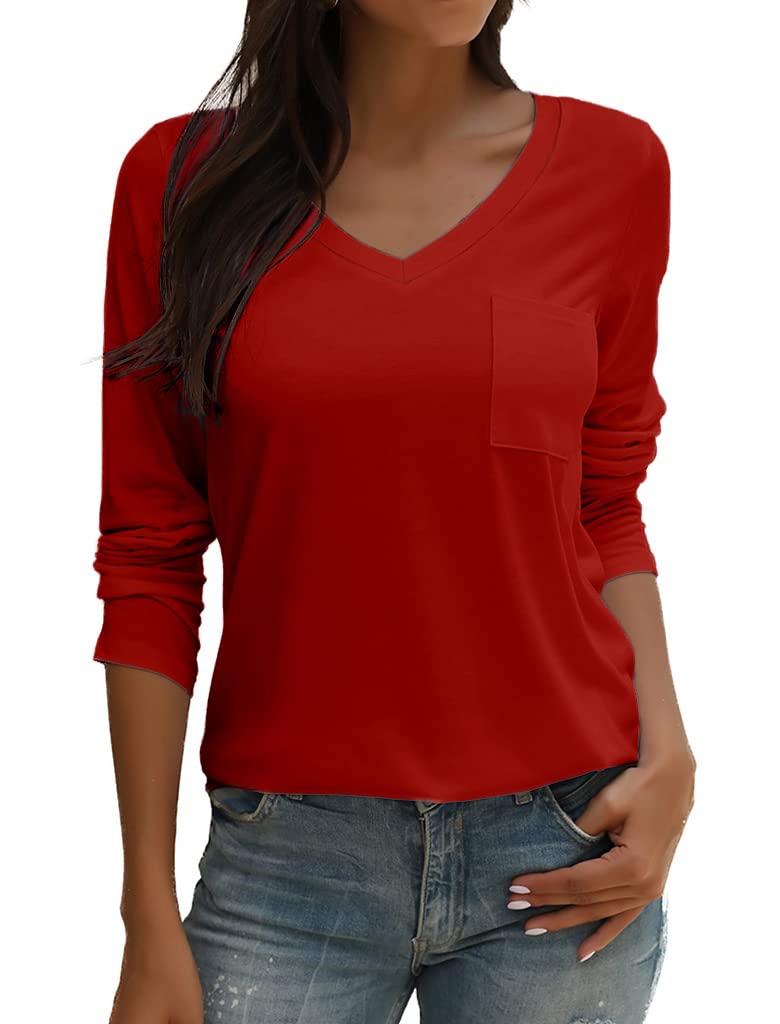 Tobrief Women's Long Sleeve V-Neck Casual T-Shirt with Pocket - Loose Fit Comfortable Blouse for Everyday Wear, Work & Outings