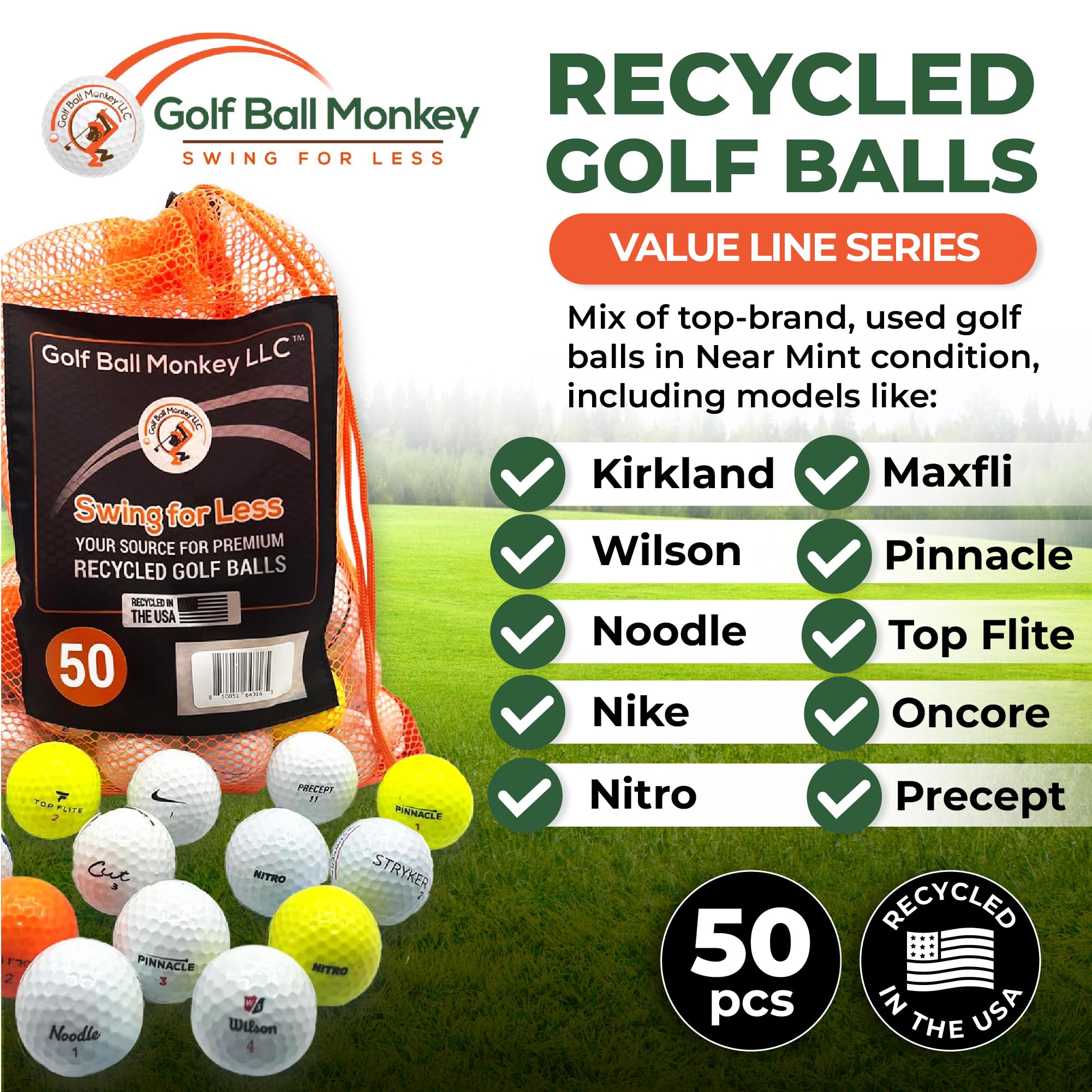 Premium Recycled Golf Balls Bulk Pack - 4A Near Mint Condition with 15 Tees & Mesh Storage Bag | Value Line Series for Men | Perfect for Driving Range Practice, Backyard Chipping & Casual Golf Games