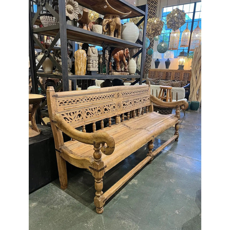 Hand Carved Wooden Daybed Bench - Natural Finish Rustic Sofa for Living Room, Bedroom & Patio - Perfect for Lounging, Reading & Relaxing