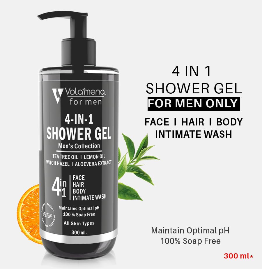 Volamena 4-in-1 Shower Gel for Men - Face, Body, Hair & Intimate Wash - 300ml - Gentle Cleansing for Daily Hygiene & Gym Use