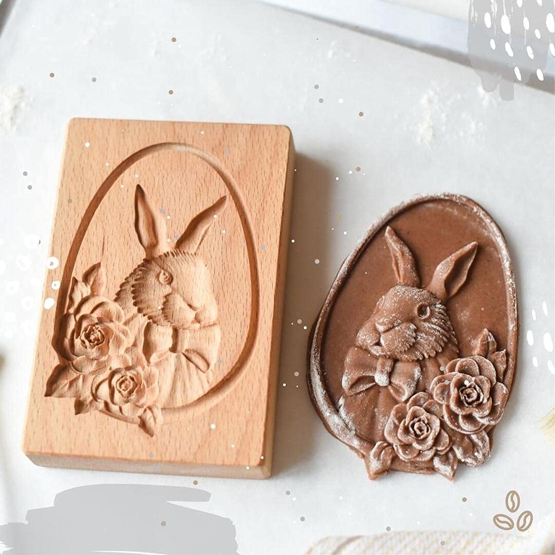 3D Wooden Rose Cookie Stamp & Cutter Set - Baking Mold for Gingerbread, Honeycake, Prianik & Cookies (Bunny Design) - Perfect for Holiday Baking, DIY Desserts & Gift Making