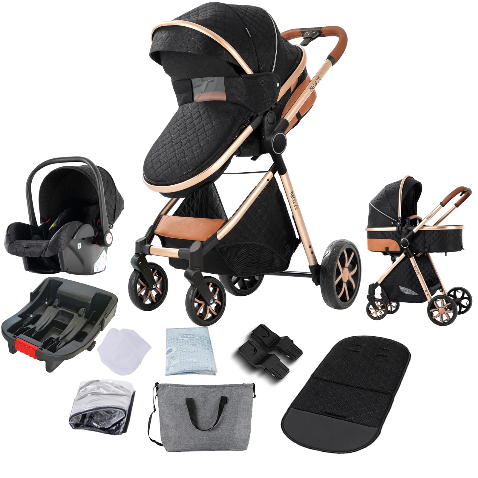 3 in 1 Baby Stroller Travel System - Reversible Newborn Foldable Pram with Car Seat Base | Infant High Landscape Pushchair, Portable Standard Stroller & Reclining Buggy | Perfect for Travel, Shopping & Daily Walks (UDV9-BLACKGOLD)