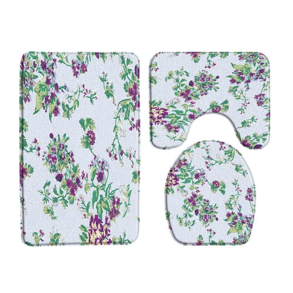 3-Piece Purple Floral Bath Mat Set - Non-Slip Bathroom Rug for Bathtub & Toilet - 450mm x 750mm Soft Absorbent Carpet - Perfect for Modern Bathroom Decor & Safety