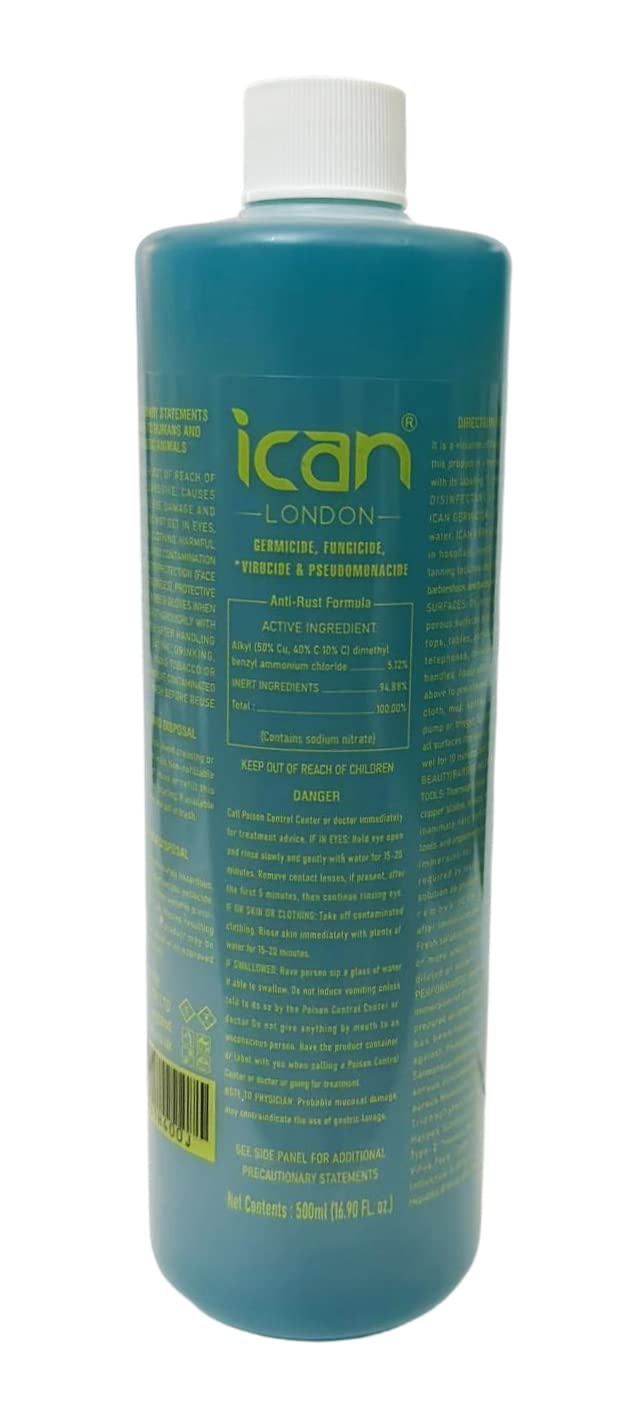 ican London Disinfectant Solution 500ml - Salon Barbicide Jars, Medical & Athletic Equipment Disinfectant (Turquoise Blue) | Ideal for Nail Salons, Barber Shops & Gym Equipment Sanitization
