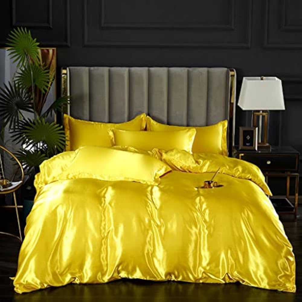 Luxury True Silk Satin Comforter - 300 GSM Fluffy Down Alternative Bedding - Box Stitched Ultra Soft & Machine Washable - Yellow Twin/Twin XL - Perfect for Master Bedrooms, Guest Rooms & Cozy Winter Nights
