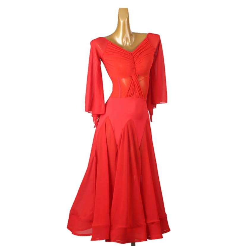 Elegant Women's Ballroom Dance Dress - V-Neck Mesh Waltz & Tango Performance Costume for Competition & Flamenco - Perfect for Latin, Standard, and Social Dancing Events