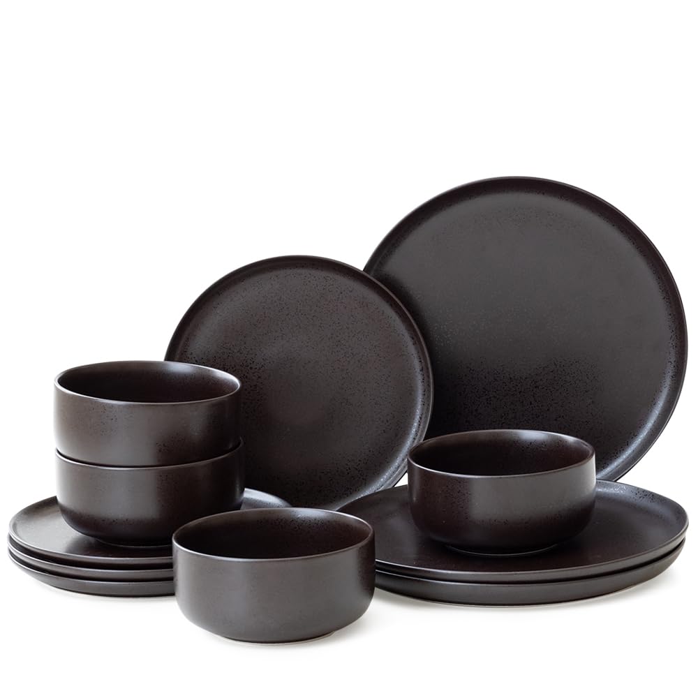 12-Piece Stoneware Dinnerware Set - Reactive Glazed Plates & Bowls for 4, Scratch & Chip Resistant (Ink Spot Brown) | Elegant Table Setting for Family Dinners, Restaurants & Special Occasions