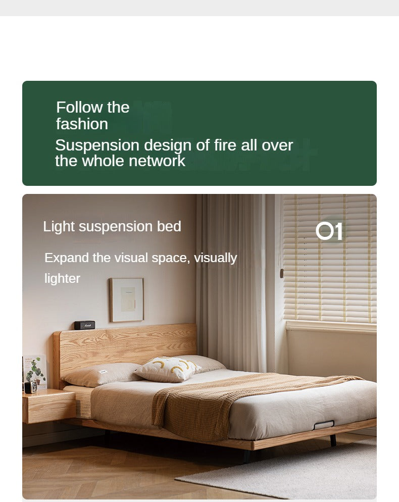 Oak Solid Wood Suspended Bed Frame - Queen Size Floating Platform Bed with Headboard - Modern Minimalist Bedroom Furniture for Loft, Apartment & Small Spaces