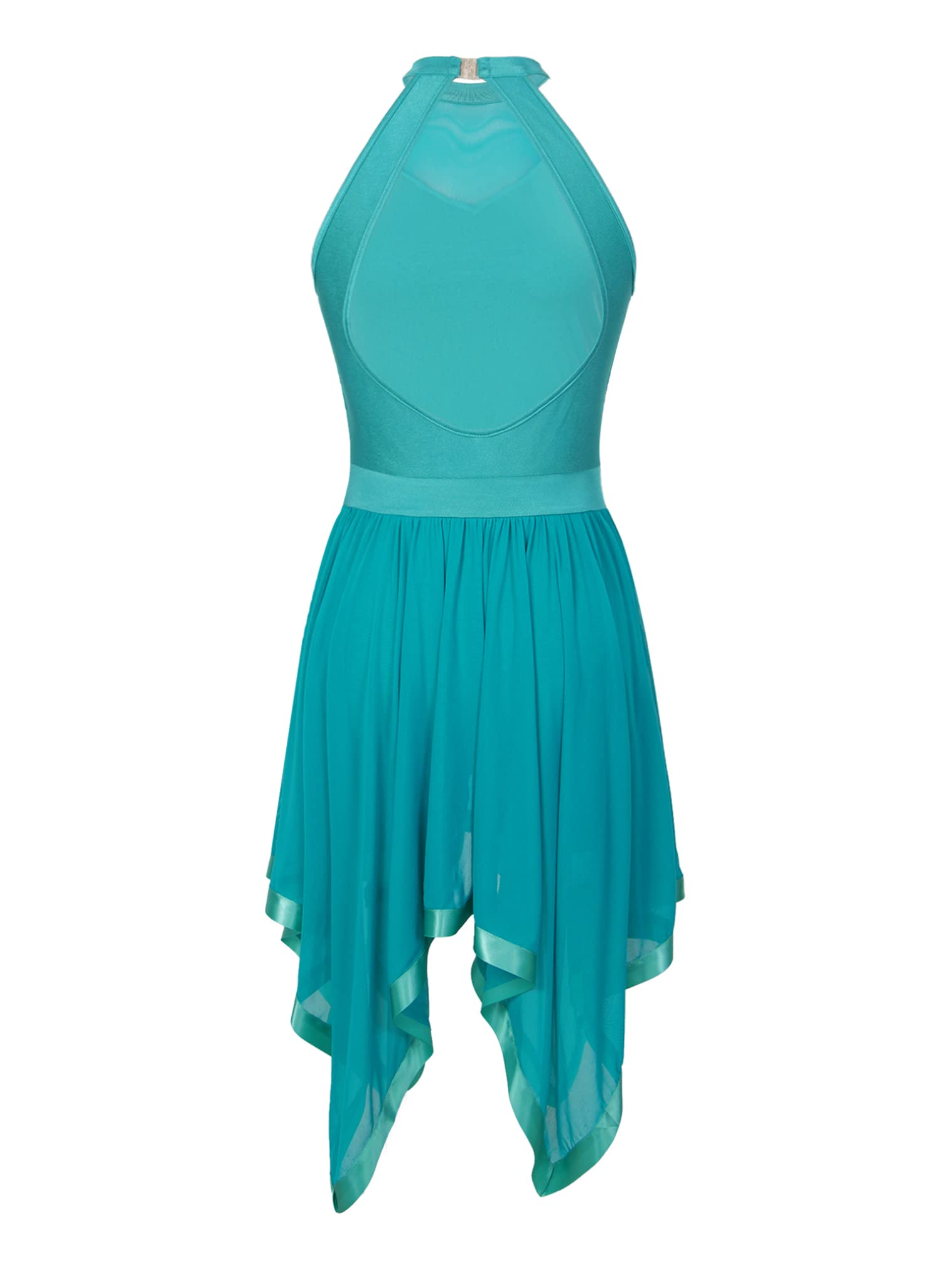 JEATHA Women's Sleeveless Lyrical Dance Costume - Halter Neck Sequined Asymmetrical Mesh Dress for Ballet, Contemporary Dance & Performance