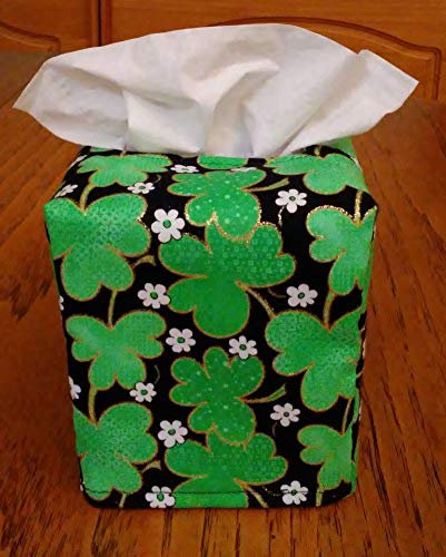Handmade Black Fabric Square Tissue Box Cover with Glittering Green Clovers - Elegant Home Decor for Living Room, Bedroom & Office - Perfect for St. Patrick's Day Decorations & Irish-Themed Parties - Free Shipping | Great for Holiday Gifts, Housewarming Presents & Home Styling Accessories