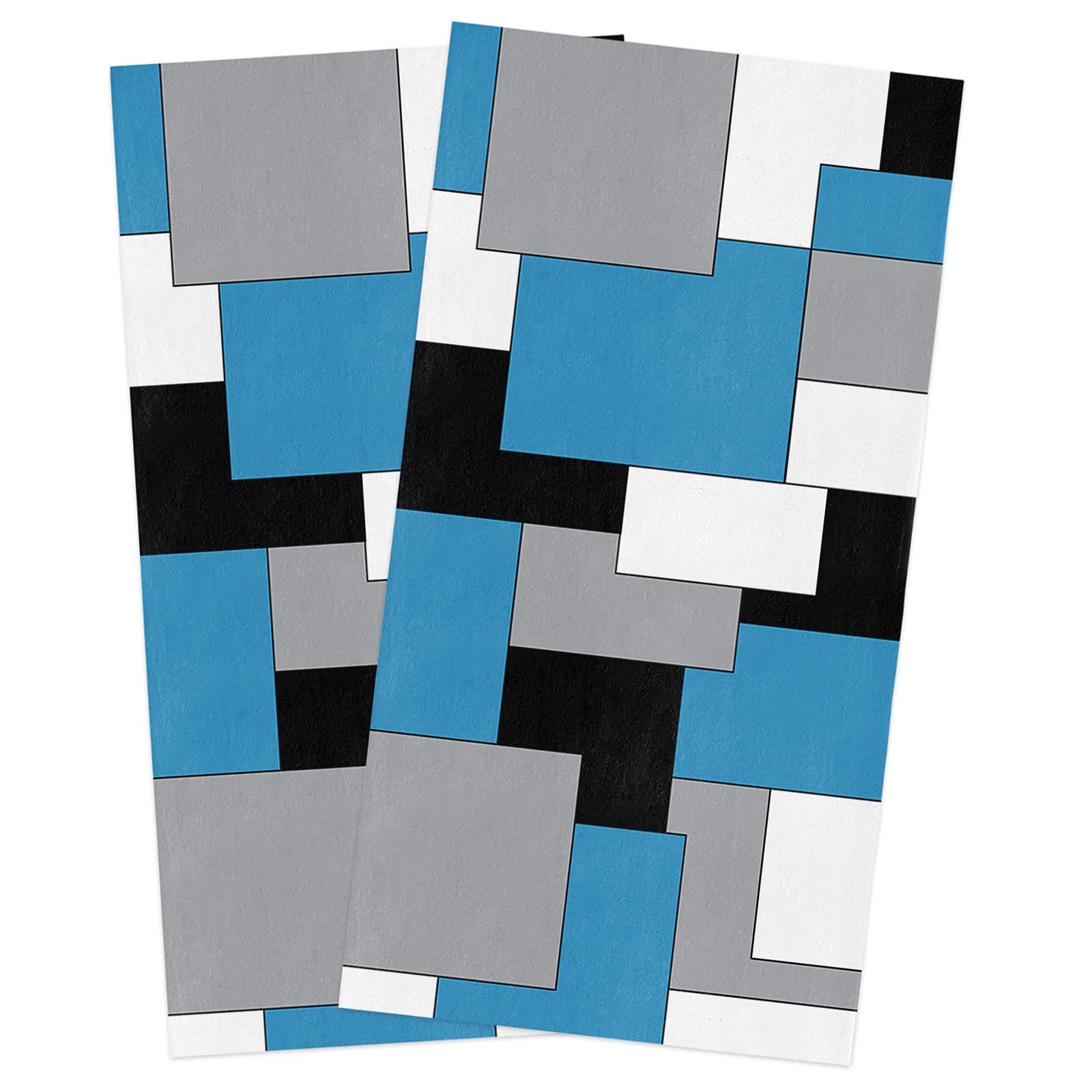 Premium Absorbent Kitchen Towels Set of 2 - Blue Grey Geometric Patchwork Dish Cloths, Quick Drying & Ultra Soft Cleaning Towels for Dishes, Hands & Countertops | Modern Abstract Design for Stylish Kitchens