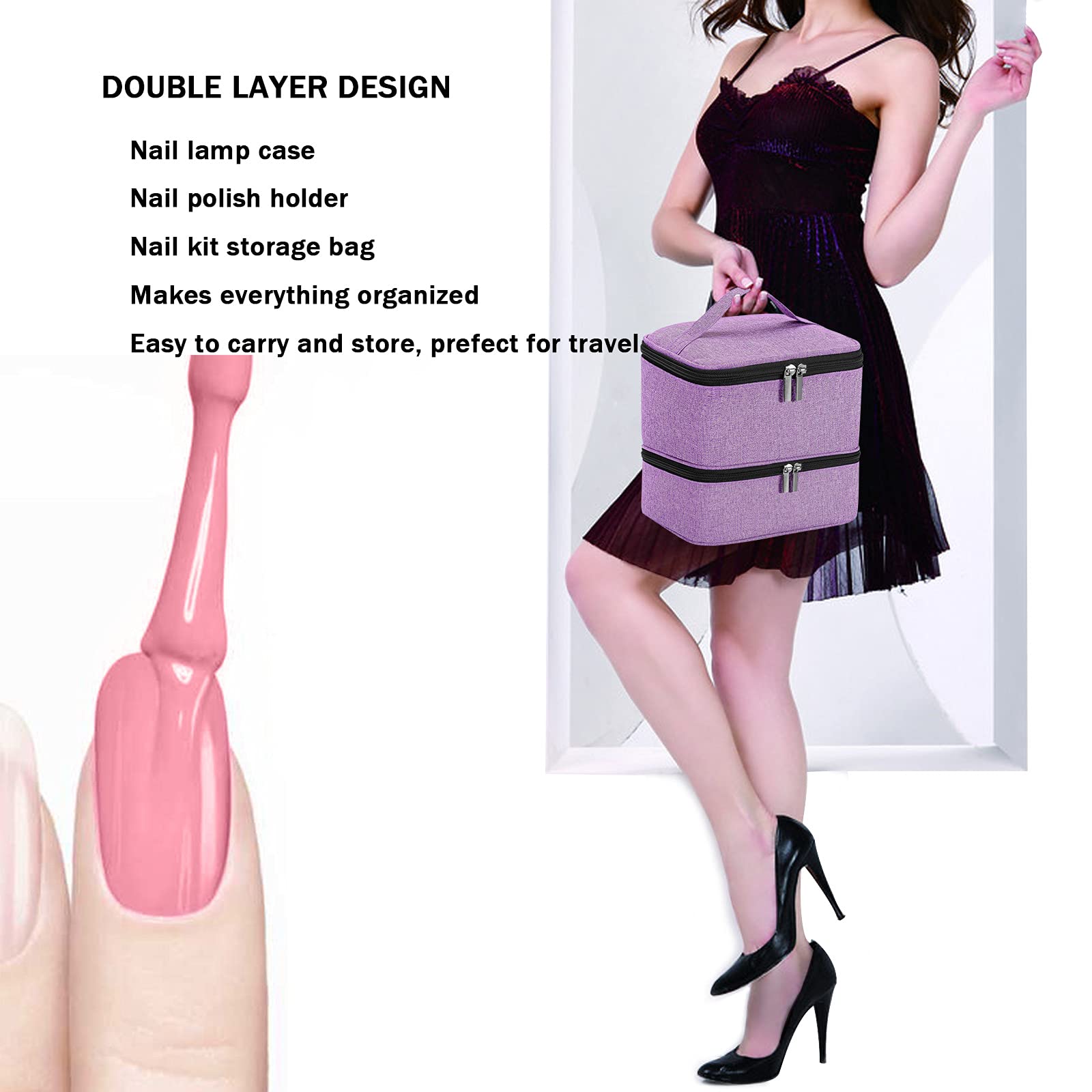 Large-Capacity Double-Layer Nail Polish Organizer Case - Holds 42 Bottles (15ml) & LED Nail Lamp - Adjustable Anti-Vibration Divider - Perfect for Travel, Salon & Home Storage (Purple)