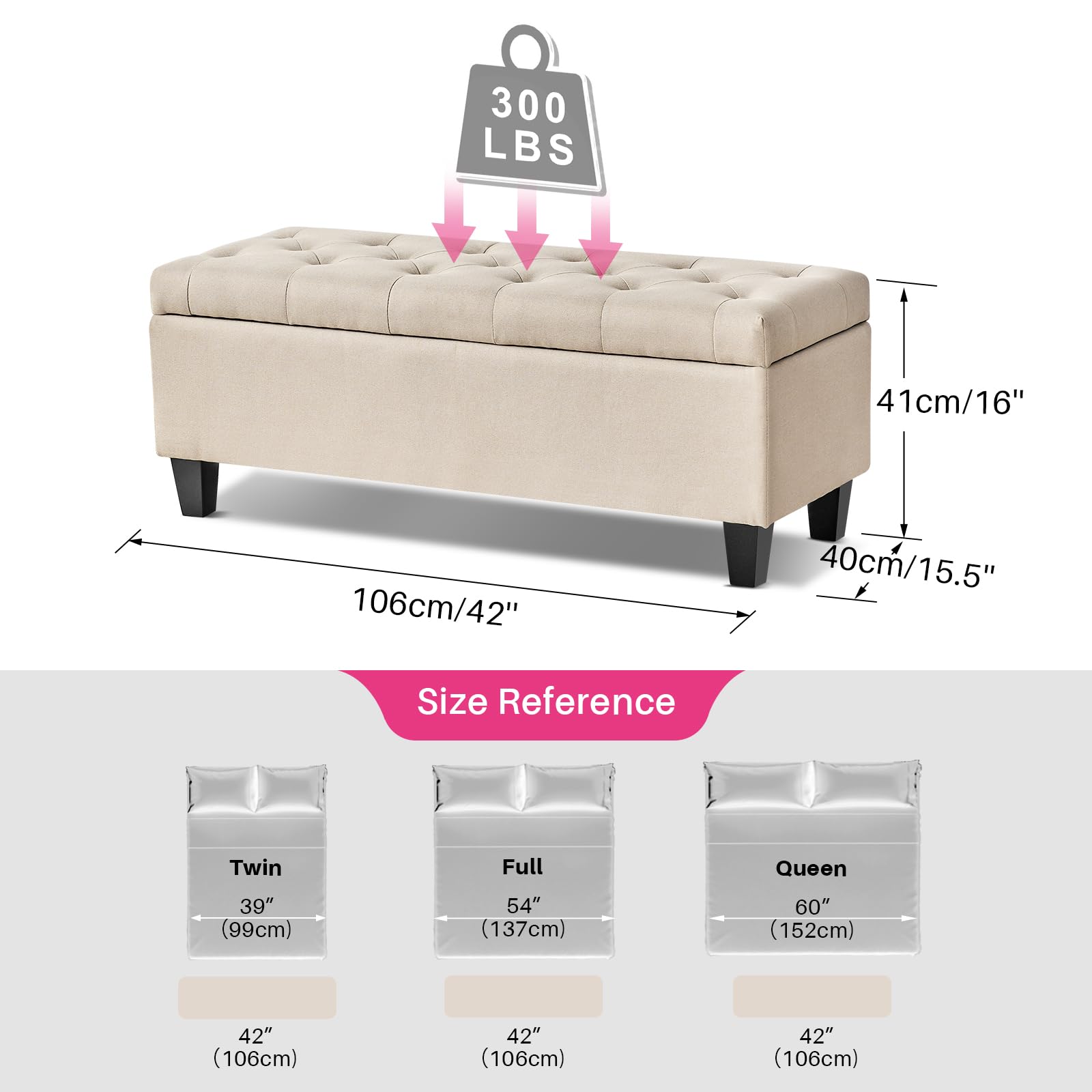 Redlife Storage Ottoman Bench with Solid Wood Legs & Safety Hinge - 330 LBS Capacity, Button Tufted Fabric Upholstered Chest - Multi-Functional Footrest, Seat & Hidden Storage for Bedroom, Living Room, Entryway (Beige) | Perfect for Small Space Organization & Extra Seating