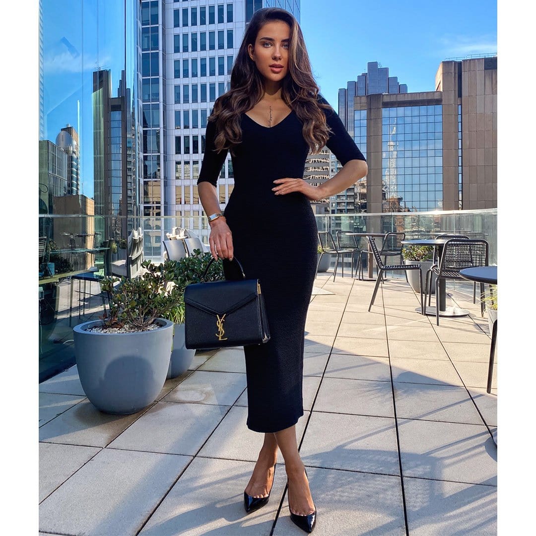 ELLA Black Bodycon V Neck Midi Dress - Slim Fit Party Cocktail Dress for Women, Perfect for Night Out, Date Night, and Special Occasions