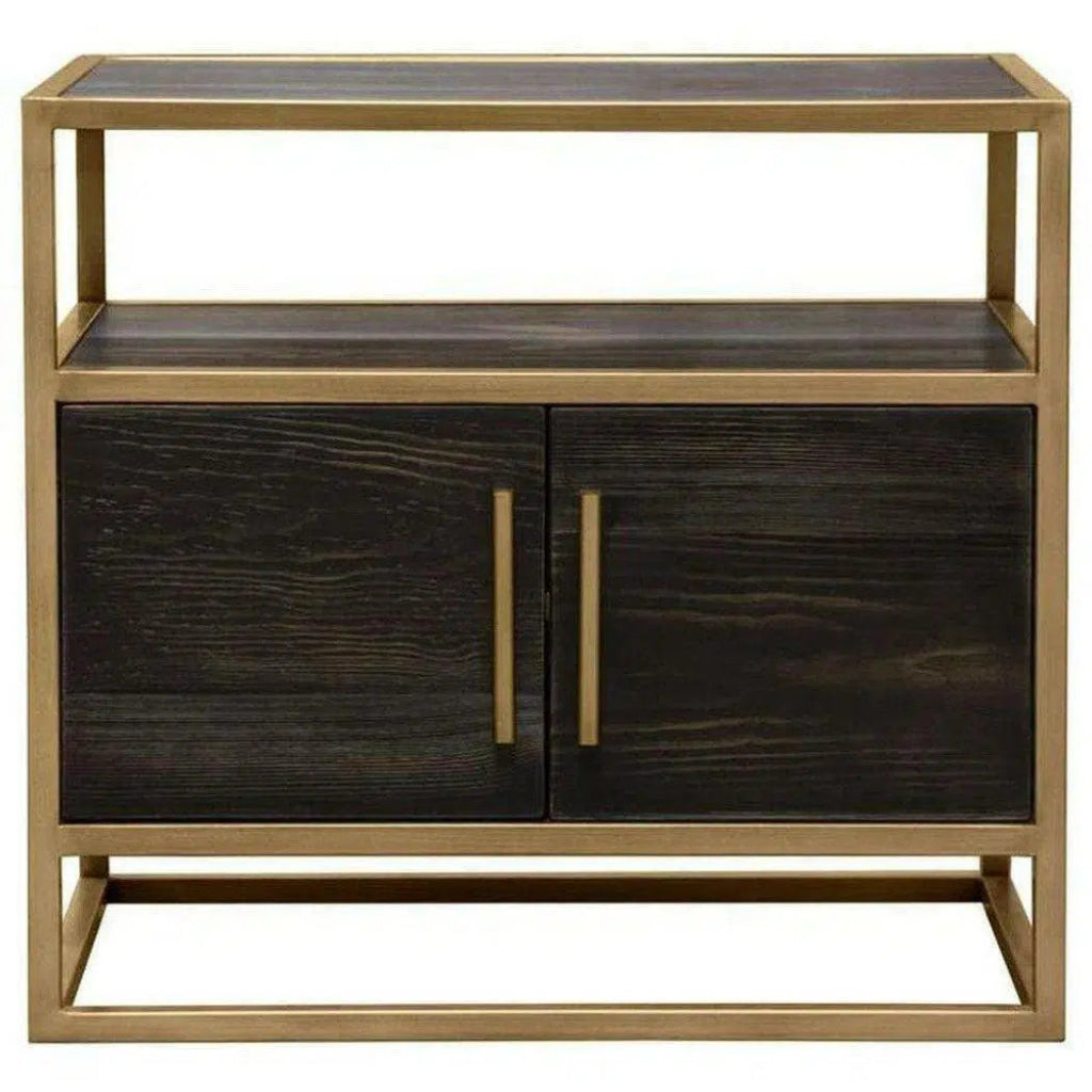 Dark Brown 2-Door End Table with Gold Metal Frame - Perfect for Living Room, Bedroom, or Office Side Table