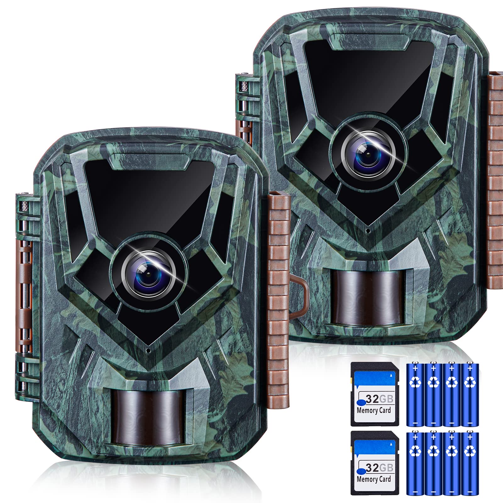 2 Pack KJK Trail Cameras 24MP 1080P with Night Vision, 32GB SD Card & 8AA Batteries - Motion Activated Waterproof Game Camera, 0.2s Trigger Speed, 120° Wide Angle for Wildlife Monitoring, Hunting, and Outdoor Security Surveillance