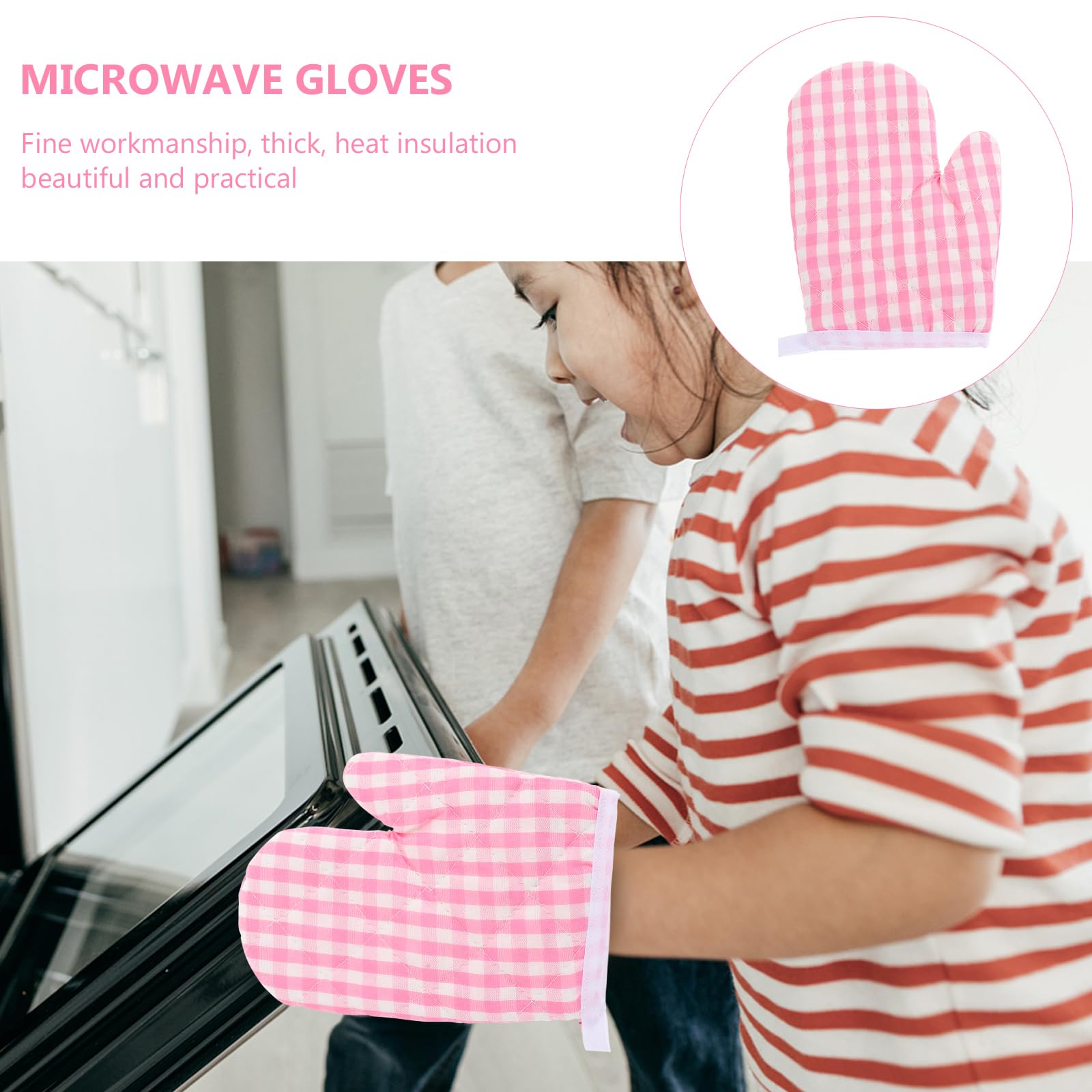 DOITOOL 2Pcs Kids Oven Mitts - Heat Resistant Kitchen Gloves for Children's Play Kitchen, Baking, Microwave & BBQ - Safe Cooking Accessories for Toddlers (Pink Checkered) - Perfect for Pretend Play, Real Cooking & Family Baking Activities