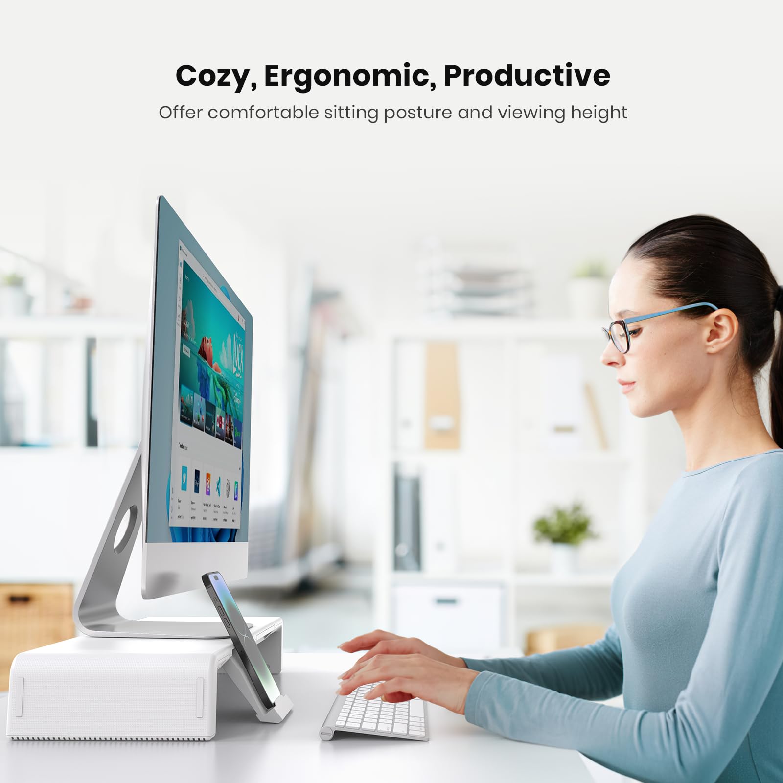 Foldable Monitor Stand Riser with Storage Drawer - Adjustable Height Computer Desk Shelf Organizer for Laptop, Tablet & Phone - Perfect for Home Office & Workspace (White)