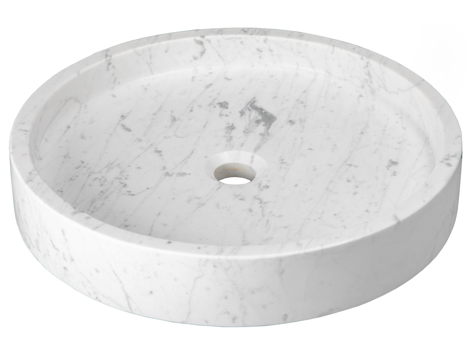 White Carrara Marble Low Round Vessel Sink - Modern Bathroom Vanity Sink for Powder Rooms & Master Baths