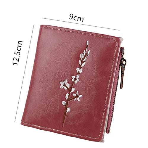 Women's Leather Wallet with Embroidery - Foldable Zipper Coin Purse & Card Holder, Plum Blossom Design (Color A) - Perfect for Everyday Use, Travel, and Gift Giving