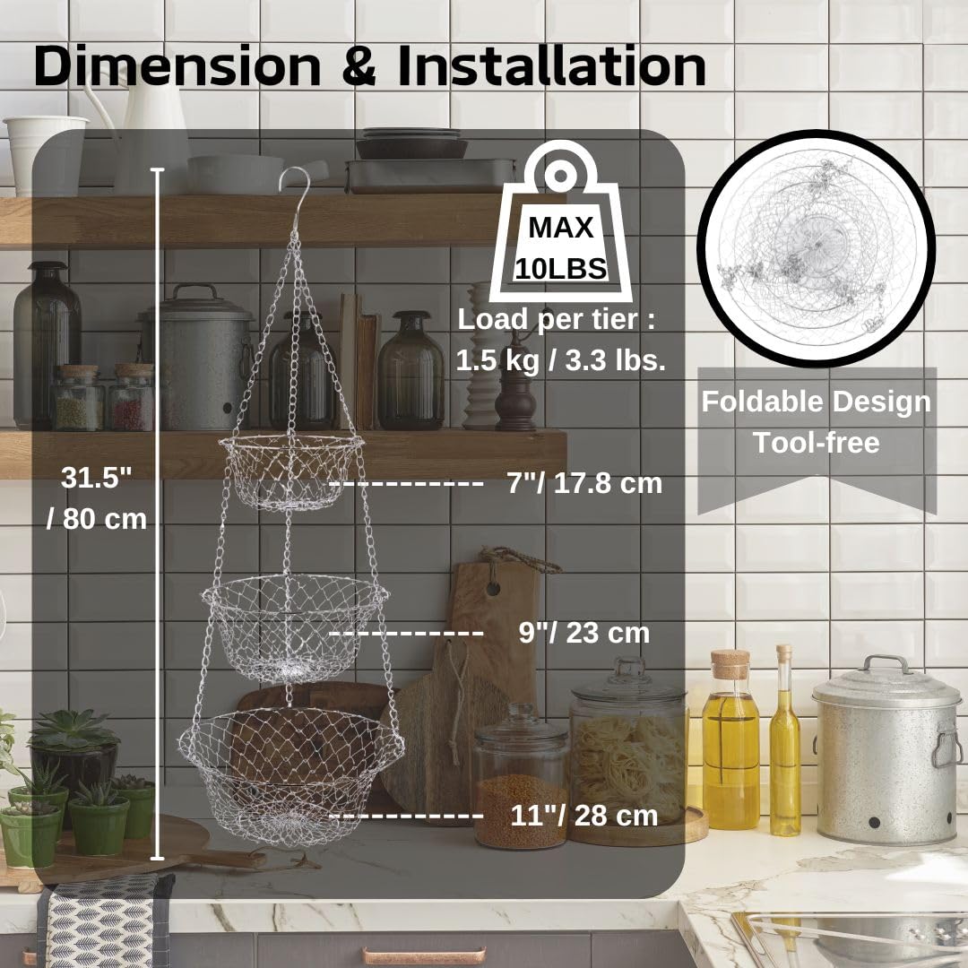 IBERG 3-Tier Chrome Hanging Fruit Basket - Space Saving Kitchen & Bathroom Storage Organizer for Fruits, Vegetables, Toiletries - Perfect for Small Spaces & Home Organization