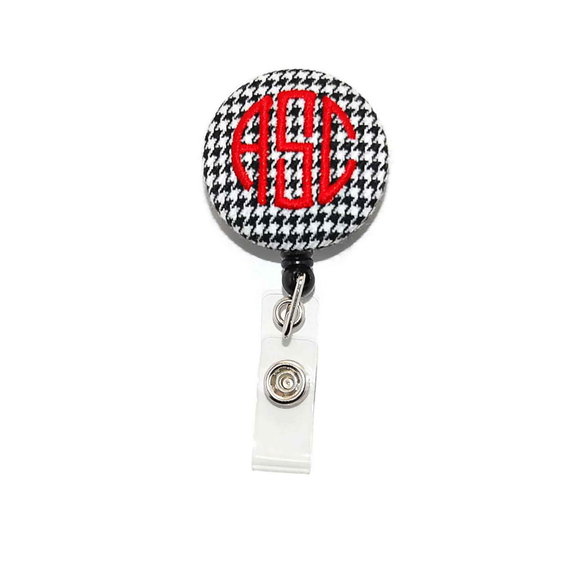 Custom Monogrammed Black Houndstooth Retractable Badge Reel for ID Cards & Keys - Personalized with Red Letters - Perfect for Nurses, Teachers & Office Professionals