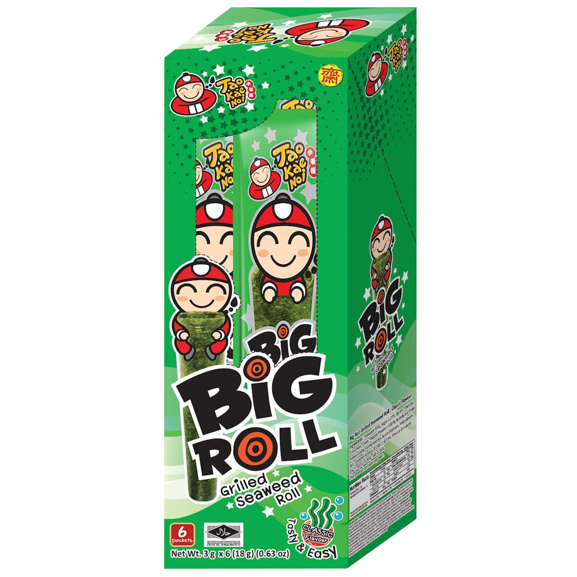 Tao Kae Noi Original Flavor Big Roll Grilled Seaweed Snacks - 6 Pack (3g Bags) | Healthy Nori Sheet Rolls for Kids & Adults | Perfect for Lunchboxes, On-the-Go Snacking & Asian Cuisine