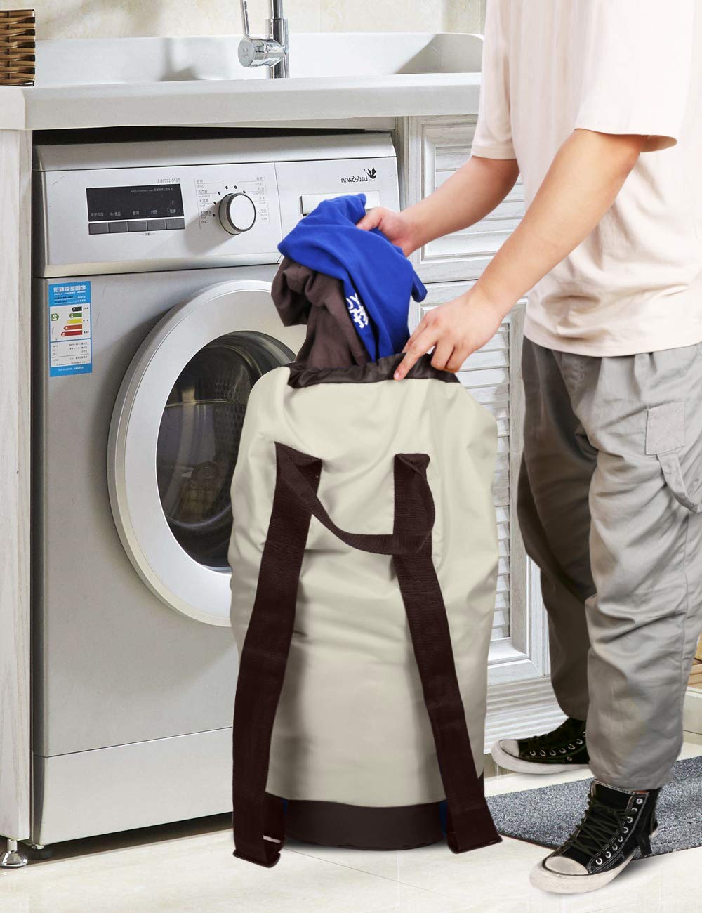 Dalykate Laundry Backpack with Shoulder Straps & Mesh Pocket - Durable Nylon Drawstring Clothes Hamper Bag for College Students, Travel, Laundromat & Apartment - Perfect for Dorm Room, Gym & Camping Trips