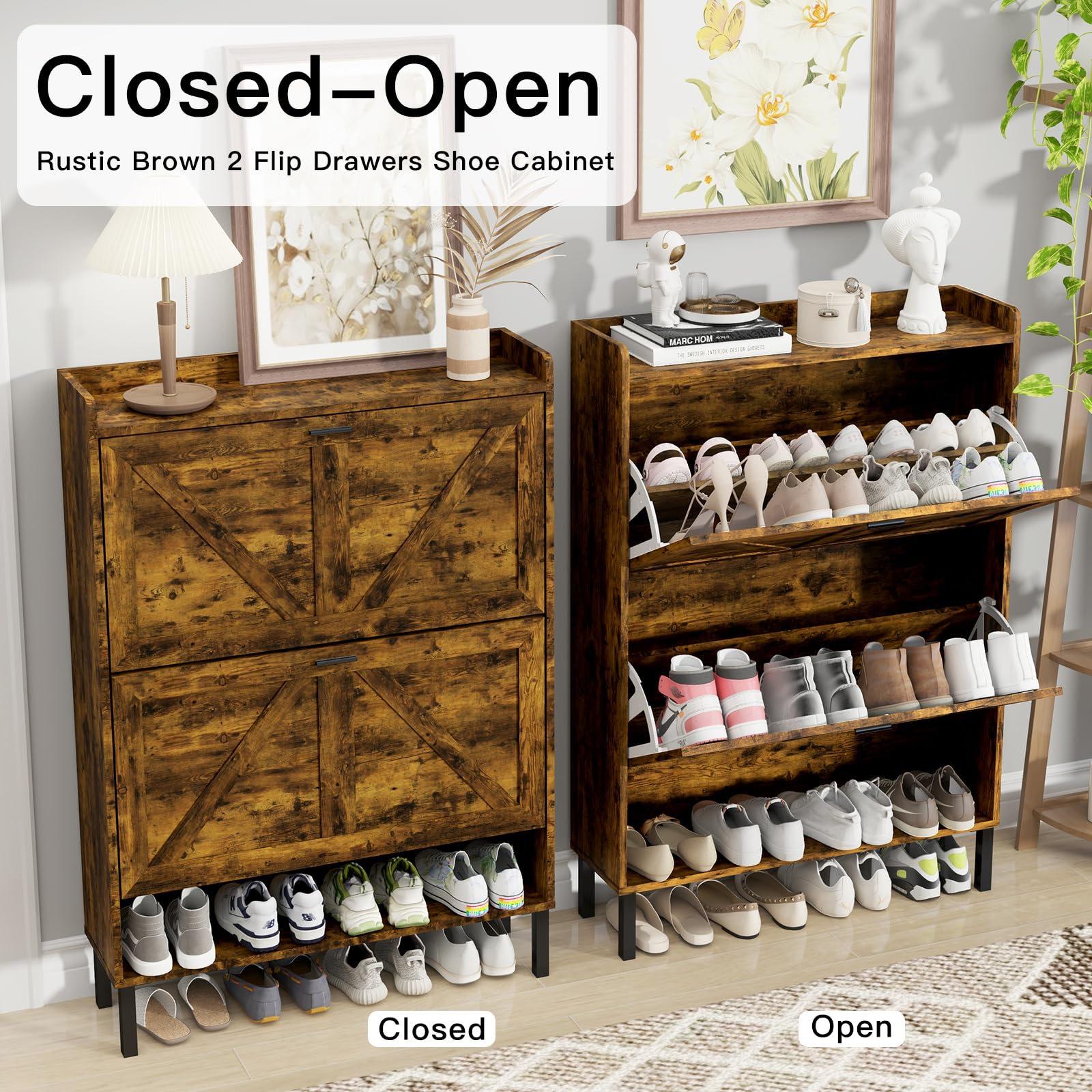 Farmhouse Wooden Shoe Cabinet with 2 Flip Drawers - Rustic Brown Entryway Storage Organizer, Freestanding Tall Narrow Shoe Rack with Metal Legs for Hallway, Living Room & Bedroom Organization