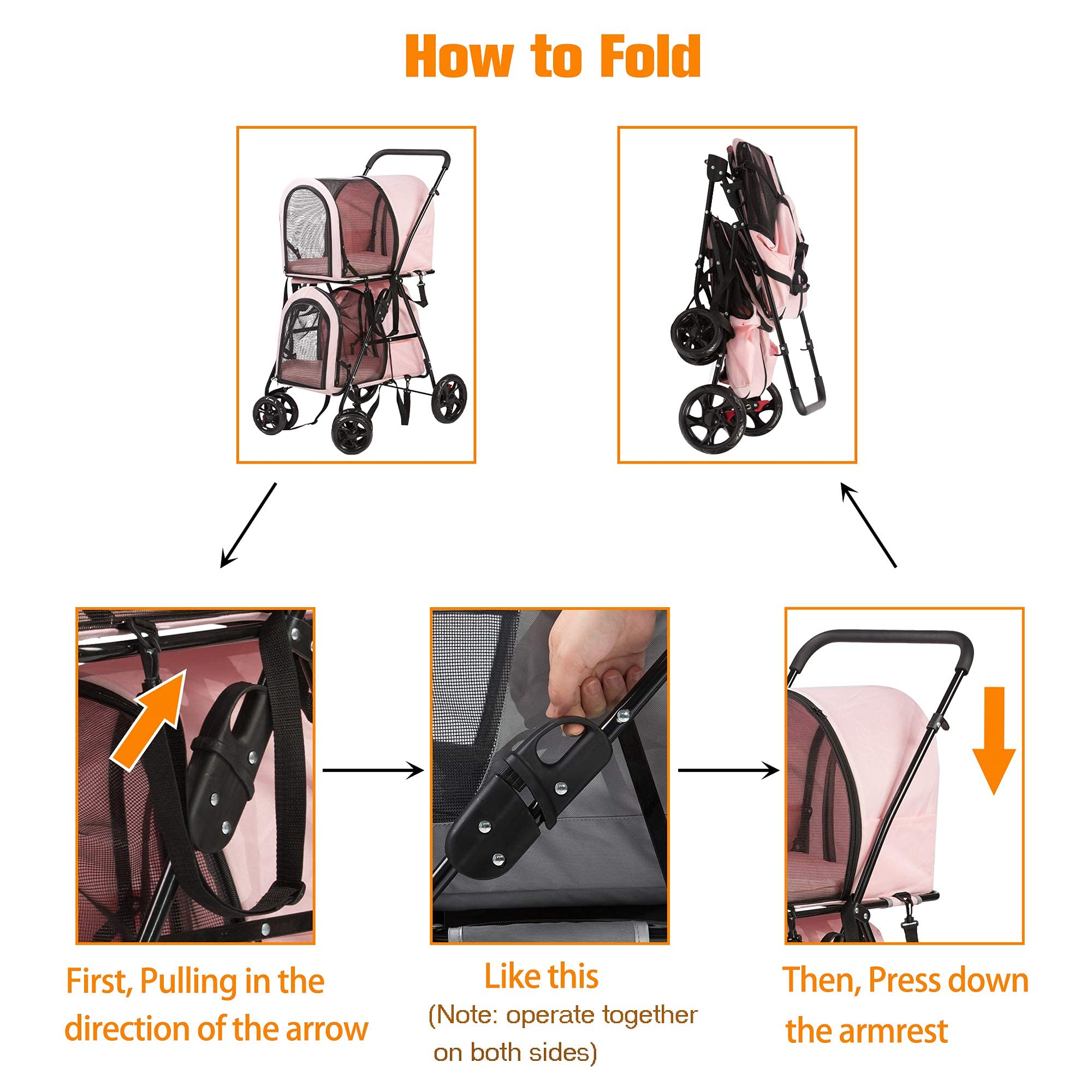 LUCKYERMORE Double Pet Stroller for Dogs & Cats - 4-Wheel Foldable Design with 2 Detachable Carrier Bags | Travel Carrier for Small & Medium Pets | Perfect for Park Walks, Vet Visits & Shopping Trips (Pink)