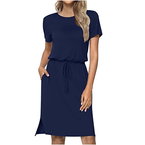 FengLS Women's Summer Casual Dress - Loose T-Shirt Style Beach Mini Dress with Pockets | Short Sleeve Solid Color Sundress for Vacation, Outing & Daily Wear