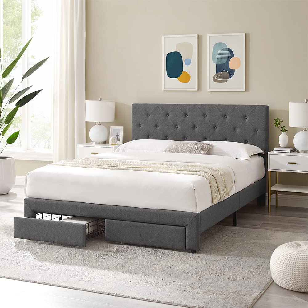 GOOD & GRACIOUS Dark Grey Queen Size Bed Frame with Upholstered Tufted Headboard, Storage Drawers & Platform Base - Modern Bedroom Furniture for Small Spaces & Guest Rooms