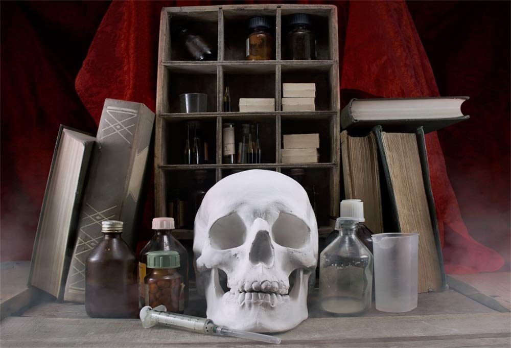 8x6ft Halloween Backdrop - Vintage Pharmacy Alchemy Table with Wood Plank Shelf, Skull & Syringe Props for Spooky Photo Booth, Lab-Themed Party Decor & Horror Photography Background